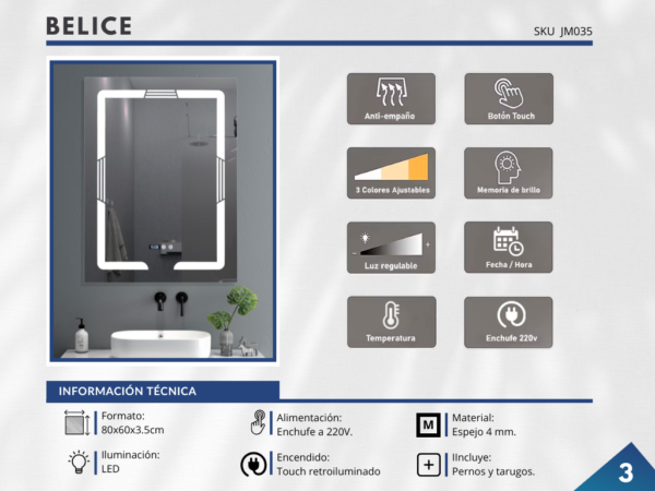 Espejo LED con ANTIEMPAÑO - Modelo BELICE