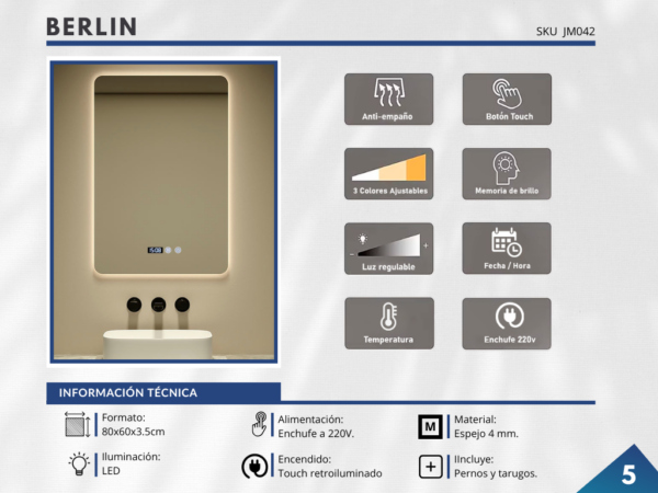 Espejo LED con ANTIEMPAÑO – Modelo BERLIN