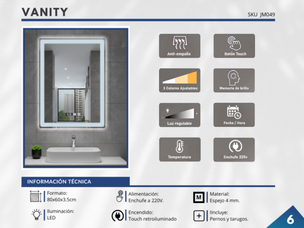 Espejo LED con ANTIEMPAÑO – Modelo VANITY