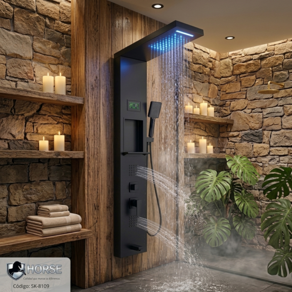 Panel de Columna de Ducha Hidromasaje LED Negro Mate – Horse