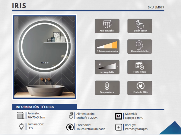 Espejo LED con ANTIEMPAÑO – Modelo IRIS