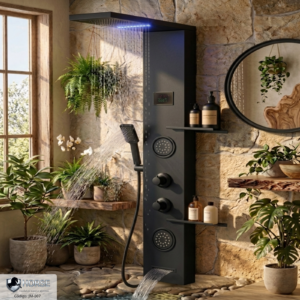 Panel de Columna de Ducha con Hidromasaje LED y Estantes en Acero Inoxidable