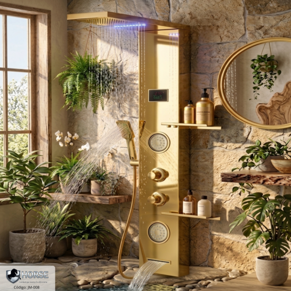 Panel de Columna de Ducha con Hidromasaje LED y Estantes en Acero Inoxidable