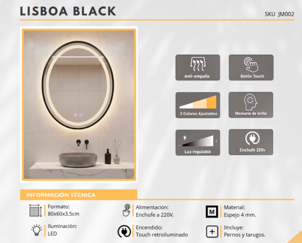Espejo LED con ANTIEMPAÑO – Modelo LISBOA BLACK