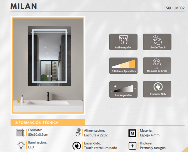Espejo LED con ANTIEMPAÑO – Modelo MILAN