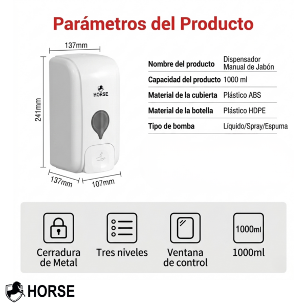 Dispensador de Jabón Líquido Manual de 1 Litro en Plástico ABS de la marca Horse