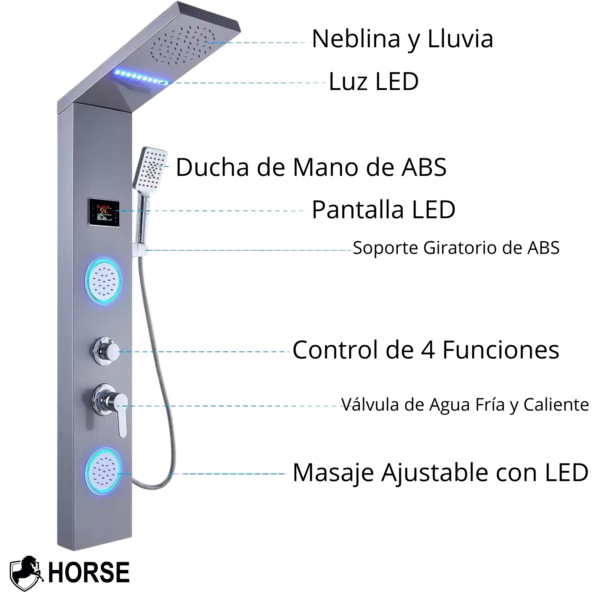 Panel de Columna de Ducha con Hidromasaje LED de Acero Inoxidable