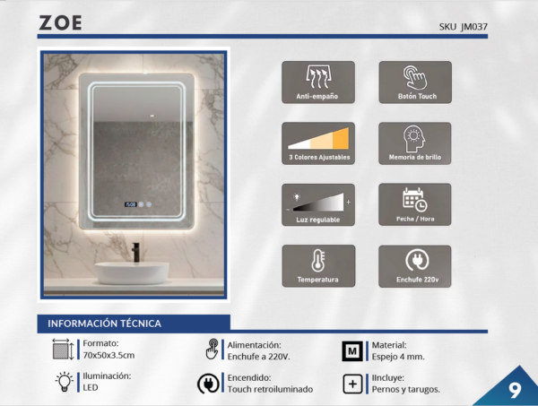 Espejo LED con ANTIEMPAÑO – Modelo ZOE