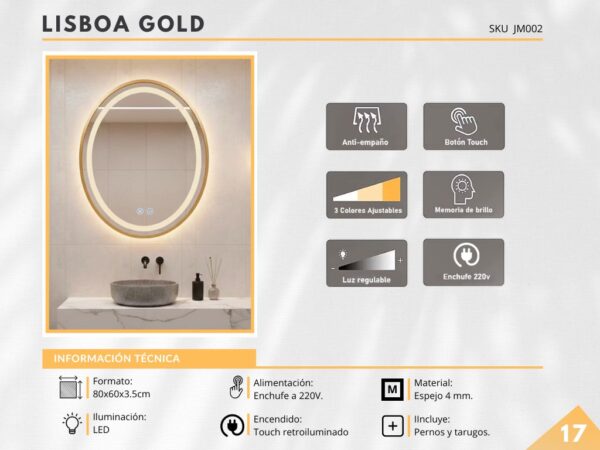Espejo LED con ANTIEMPAÑO – Modelo LISBOA GOLD